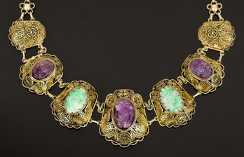 Vintage Chinese Vermeil Carved Jade & Amethyst Necklace (CTF10)