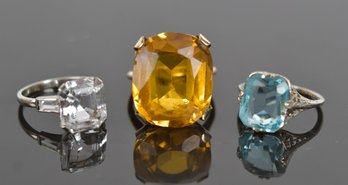 Three Vintage Rings Set W/ Synthetic Stones, Blue, Yellow And White (CTF10)