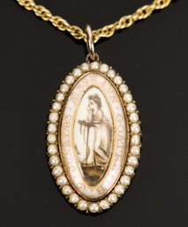 Georgian 15k Gold Enamel Memorial Pendant & 14k Gold Chain (CTF10)