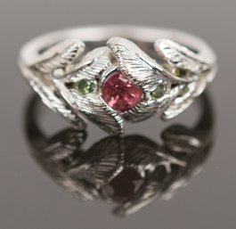 Signed Pearce (Lebanon, NH) 14k White Gold Carved Leaf Brown Sapphire & Green Diamond Ring (CTF10)