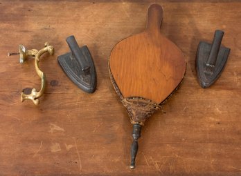Antique Wooden Bellows, Sad Irons, Brass Door Knocker, 4pcs (CTF10)