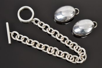 Two Tiffany & Co. Sterling Silver Toggle Bracelet & Oval Clip Earrings (CTF10)