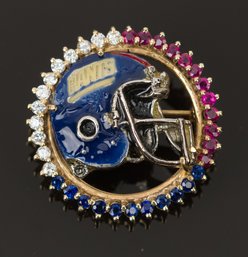 14k Gold Diamond, Ruby & Sapphire Circle Pin W/ Costume Giants Helmet (CTF10)