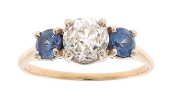 14k Gold Diamond & Sapphire Three Stone Ring (CTF10)