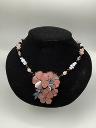 Lee Sands Pink Plumaria Blossoms MOP Shell Inlay Pendant Necklace, Laminated MOP, Multi Gemstone, Quartz