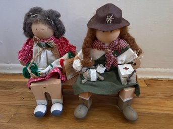 Lot Of TWO Lizzie High Wooden Folk Art Dolls