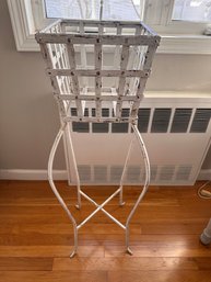 Distressed White Metal Plant Stand With A Square Basket Top