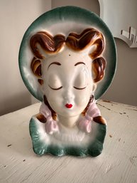 Vintage Royal Copley Lady Head Vase, Wall Pocket, Green