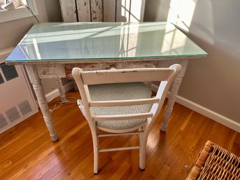 Rustic Primitive Farmhouse Desk, Weathered Finish And Chair