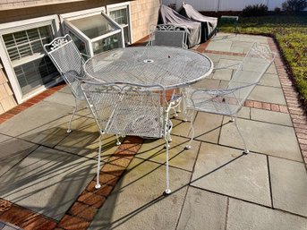 Vintage White Wrought Iron Outdoor Patio Set, Round Mesh Table, Four Chairs, Umbrella