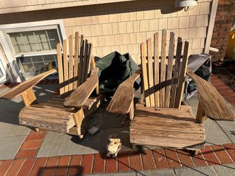 Pair Of Rustic Adirondack Chairs With 3 Metal Tables