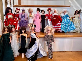 Lot Of Limited Edition Barbies With Bin Of Accessories