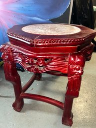 Vintage Chinese Red Wood Plant Stand / Side Table With A Marble Top