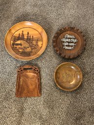 Lot Of 4 Carved Wooden Plates