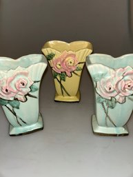 Vintage McCoy Wild Rose Vase Trio