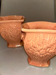 Pair Of Vintage McCoy Pottery Salmon Pink Chrysanthemum Vases