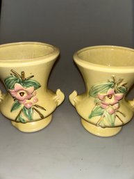 Pair Of Yellow Vintage McCoy  'Blossom Time' Handled Vases