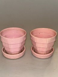 Pair Of Pink McCoy Basket Weave Planters