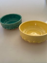 Pair Of Yellow & Green Vintage McCoy Low Bulb Planters Swirl Dish Bowls