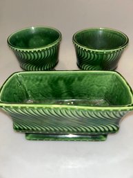McCoy Floraline Pedestal Green Swirl Pottery Planter & 2 Pots