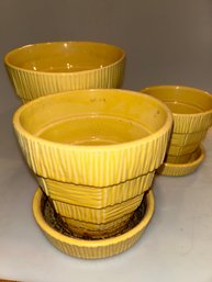 Set Of 3 McCoy Yellow Basket Weave Planter Pots