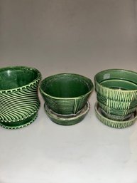 Set Of 3 Green McCoy Small Flower Pots