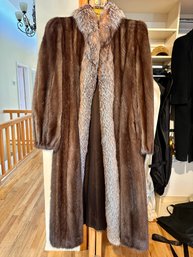 Vintage Full Length Mink Fur Coat With Fox Trim  Small