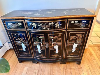 Chinoiserie Black Lacquer Chinese Sideboard With Intricate Mother-of-pearl Inlay