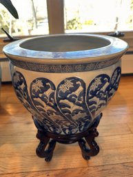 Chinese Blue And White Fishbowl Planter With Stand (located In Foyer)