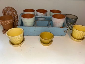 Lot Of Flower Pots & Blue Wooden Caddy