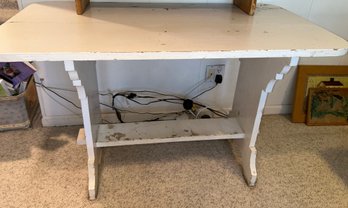 Distressed White Wooden Desk Or Table With A Lower Shelf