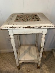 Vintage French White Painted Wooden Shabby Chic Side Table With A Mosaic Tile Top.