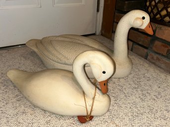 Vintage Ike And Sandy Spillman White Duck Decoy Artist Signed Large Pair
