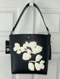 NWT Ralph Lauren Adley Shoulder Bag In Black Leather With Off-white Floral Appliqus.