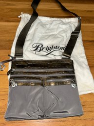 Brighton Go Go Crossbody Bag In Grey Nylon With Brown Crocodile Patent Leather Trim