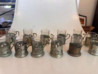 Lot Of 12 Pewter Tea Glass Holders And Glasses