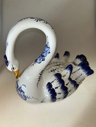 Hand Painted Large Swan Vase Flower Frog Figurine From Portugal Signed