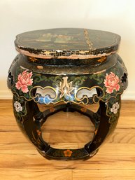 Chinese Black Lacquer Chinoiserie Drum Stool.