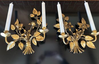 Vintage Italian Florentine Gilt Metal Candle Sconces