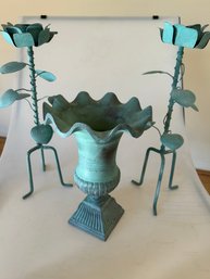 Green Metal Vase & Candle Set