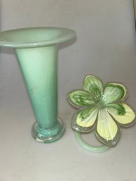 Green Art Glass Vase & Flower