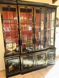 Black Lacquered Chinoiserie Breakfront China Cabinet,