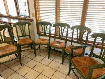 Set Of 6 Green Dining Chairs, Rush Seats