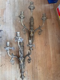 Pair Of Antique French Brass Cherub Wall Candle Sconces