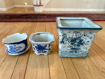 Lot Of THREE Blue And White Pots