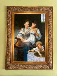 'The Secret' Hand-Painted Oil Painting Reproduction After W. Bouguereau, Large Ornate Frame
