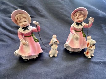 Pair Of Vintage Ladies With Poodle Dog On Chain Figurine