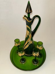 Vintage Bohemian Glass Decanter Set, Green