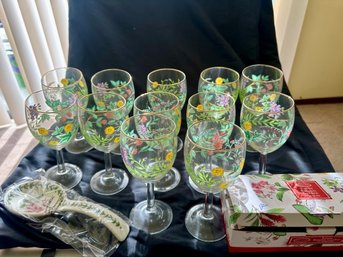 Portmeirion Botanic Garden Hand-painted Glass Goblets Lot Of TWELV, Spoon Rest