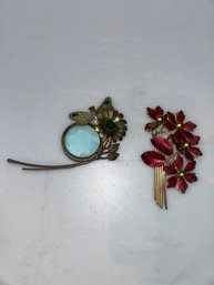 Pair Of Large Antique Brooches, Frame & Flowers